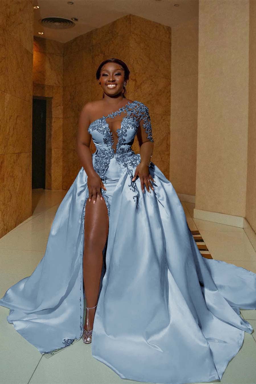 One Shoulder Sleeveless Long Split Prom Dress With Appliques