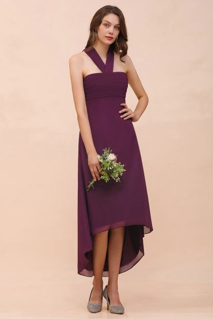 BMbridal Stylish Hi-Lo Halter Grape Chiffon Affordable Bridesmaid Dresses with Ruffle-BMbridal