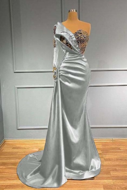 Dark Blue Long Sleeve One Shoulder Pleated Mermaid Prom Dress With Beadings