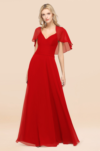 BMbridal Chic Satin V-Neck Long Burgundy Chiffon Bridesmaid Dress with Flutter Sleeve-BMbridal