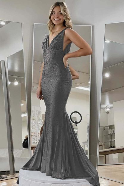 Halter Sleeveless Long Mermaid Prom Dress With Beading Pleated