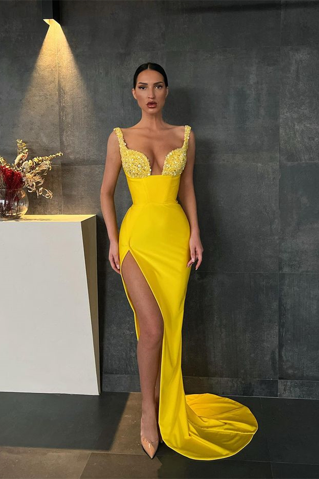 Mermaid Yellow Sequins High Waist Straps Sleeveless Prom Dress With High Split