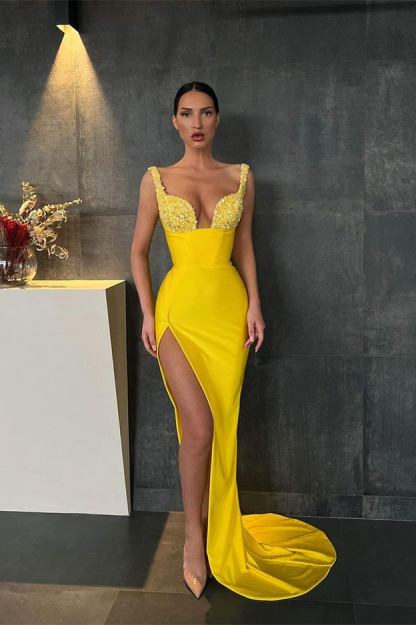 Mermaid Yellow Sequins High Waist Straps Sleeveless Prom Dress With High Split