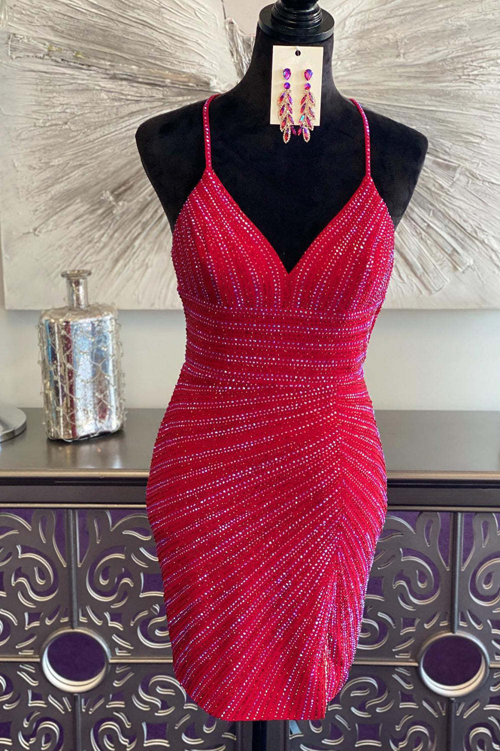 Sparkly Red Sequined Criss-Cross Back Tight Short Homecoming Dress