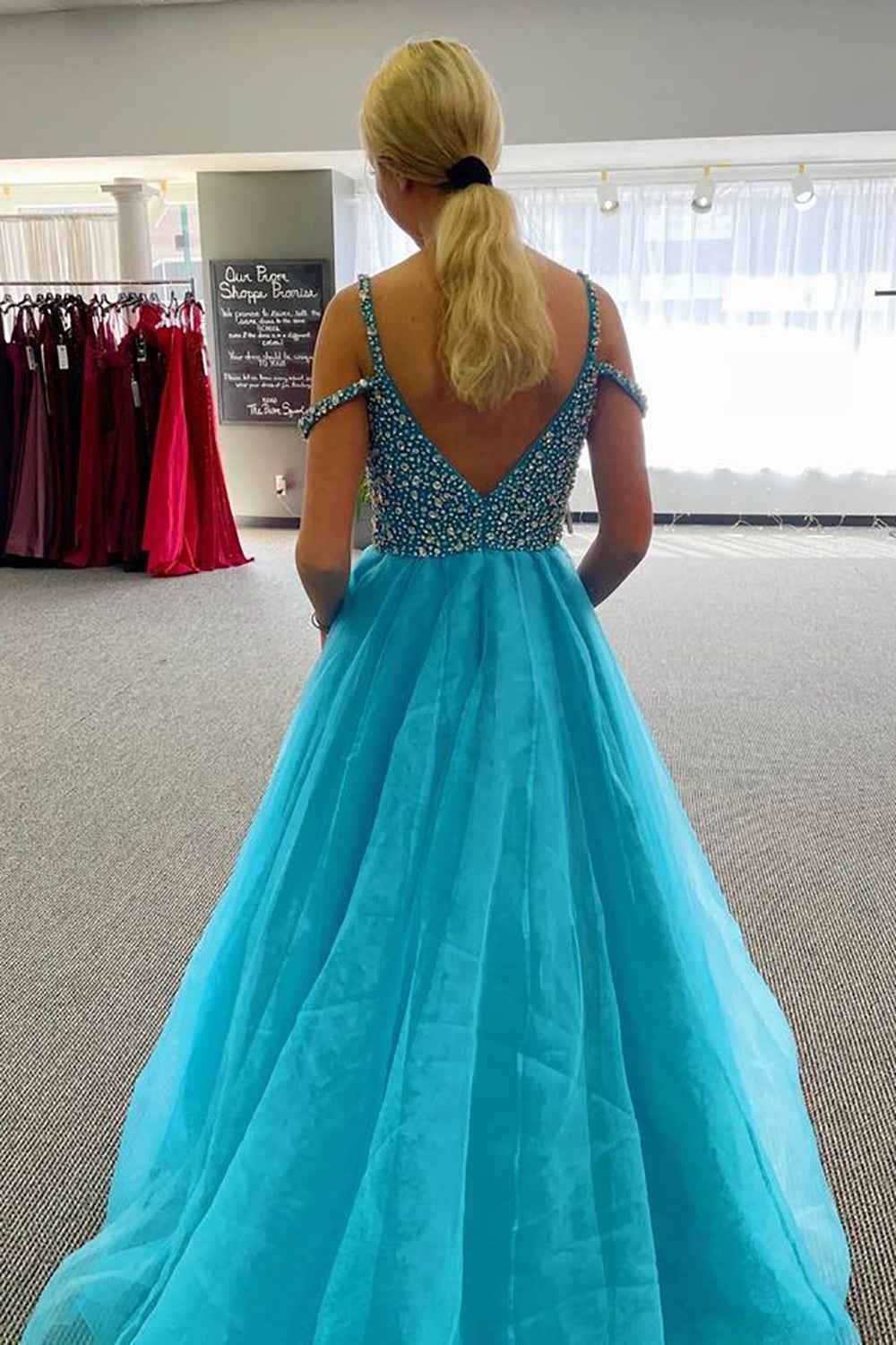Sparkly Blue A Line Cold Shoulder Long Prom Dress with Beading