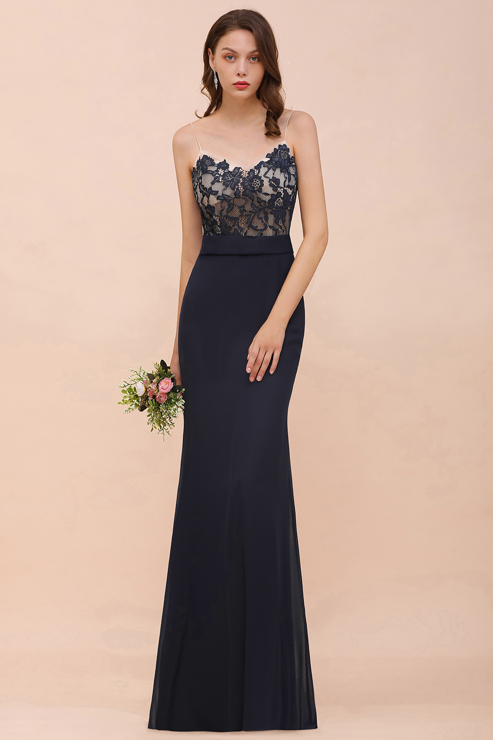 BMbridal Chic Mermaid Chiffon Lace Affordable Bridesmaid Dress with Spaghetti Straps-BMbridal