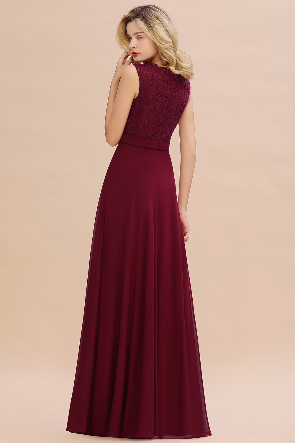 BMbridal Elegant Lace Deep V-Neck Burgundy Bridesmaid Dress Affordable-BMbridal