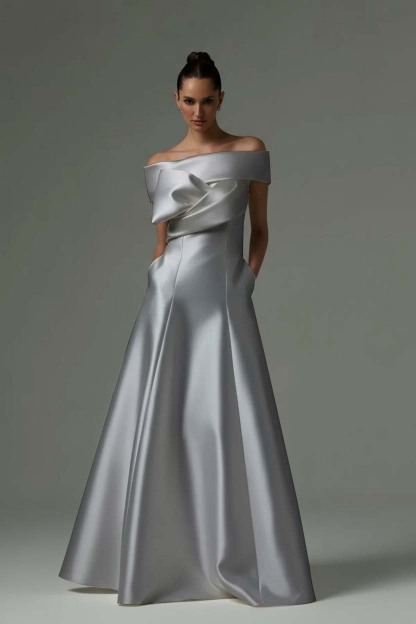 Off the Shoulder Sleeveless Long Prom Dress With Pleated Pocket