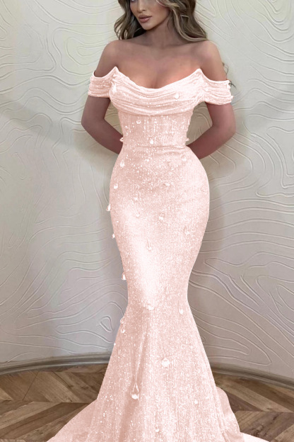 Orange Off the Shoulder Strapless Sleeveless Prom Dress With Sequins Mermaid