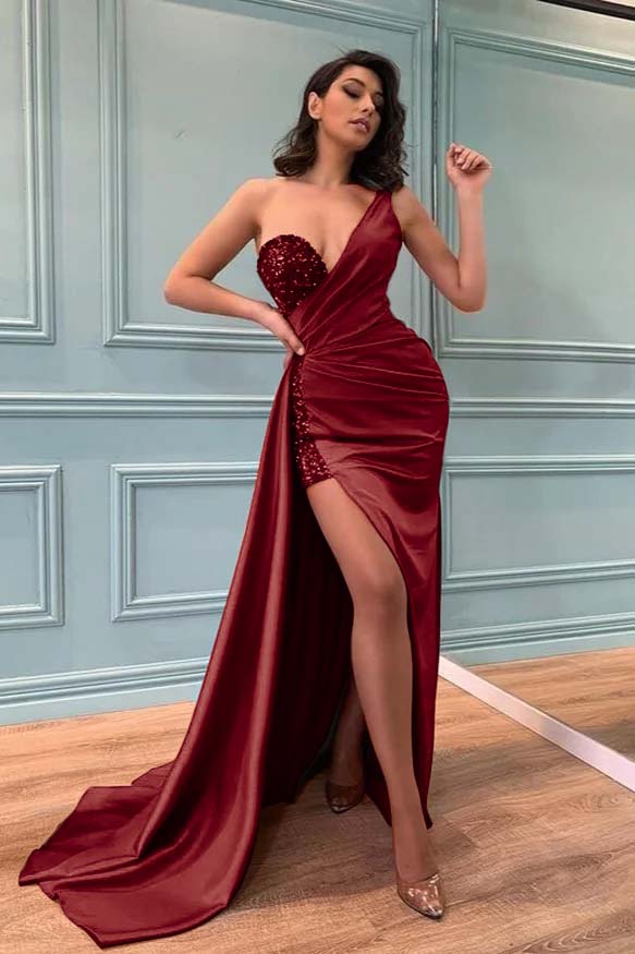 High Split One Shoulder Sleeveless Pleated Long Red Prom Dress With Sequins