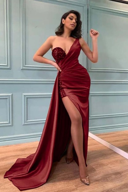High Split One Shoulder Sleeveless Pleated Long Red Prom Dress With Sequins