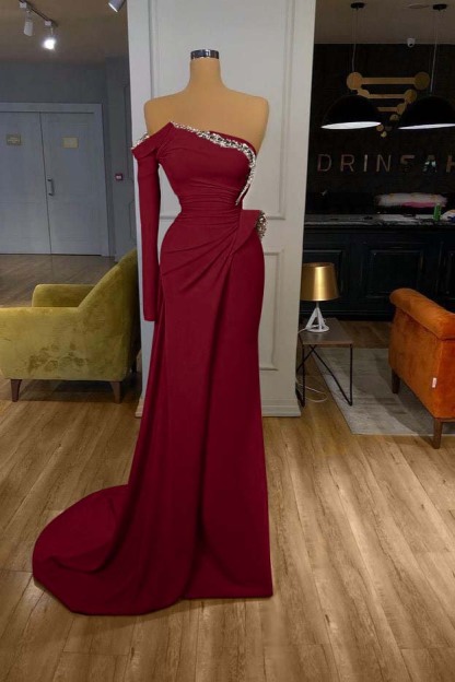 Orange Long Sleeves Sequins Long Pleated Mermaid Prom Dress With Beadings