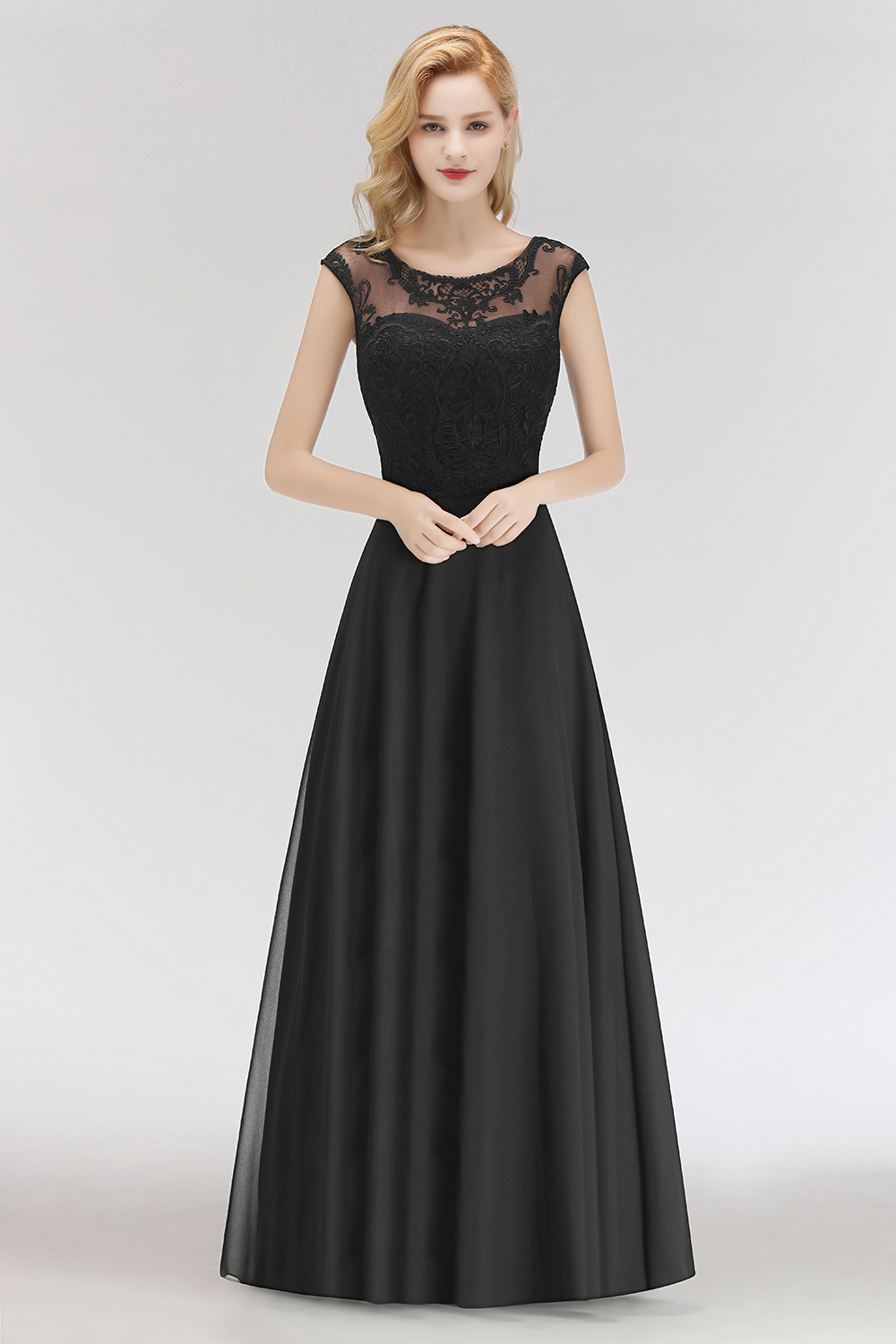 BMbridal Elegant Chiffon Long Lace Black Bridesmaid Dresses Online-BMbridal