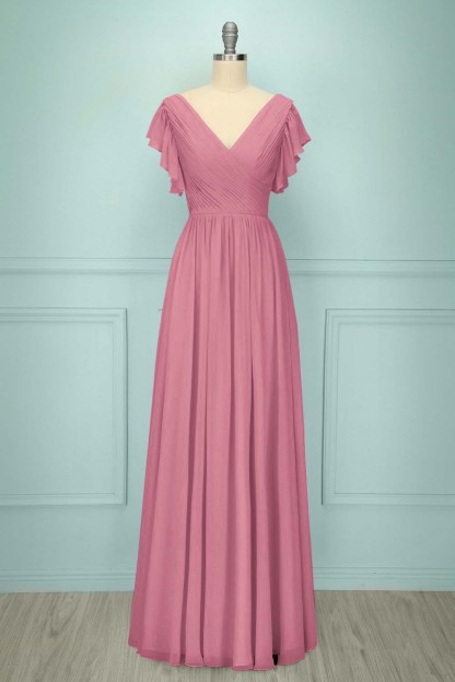 Chiffon V Neck Sleeveless Long Prom Dress With Pleated Ruffle
