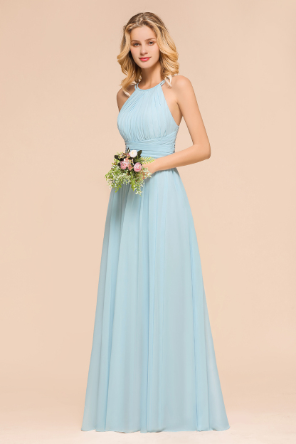 BMbridal Gorgeous Halter Ruffle Sky Blue Affordable Bridesmaid Dress-BMbridal