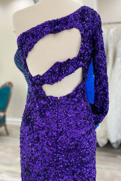 Purple Cut Out Open Back One Shoulder Sequins Homecoming Dress