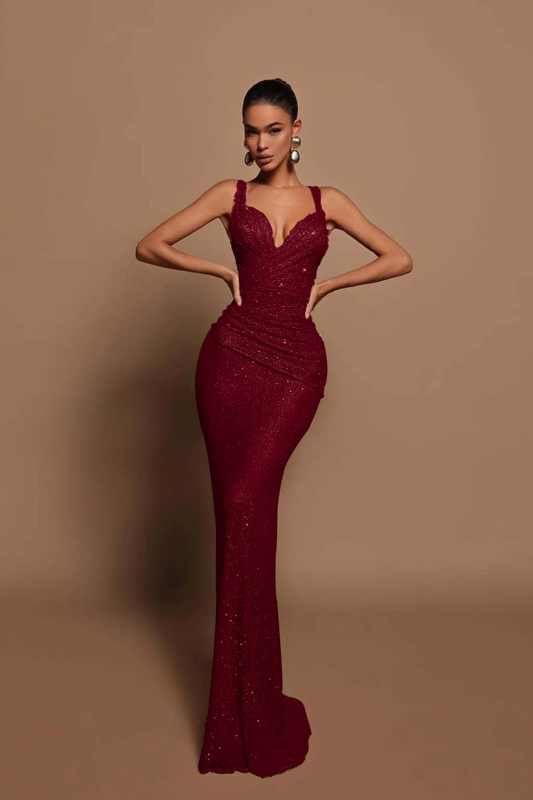 Sexy Pink Long Sequins Prom Dress V Neck Mermaid Sleeveless