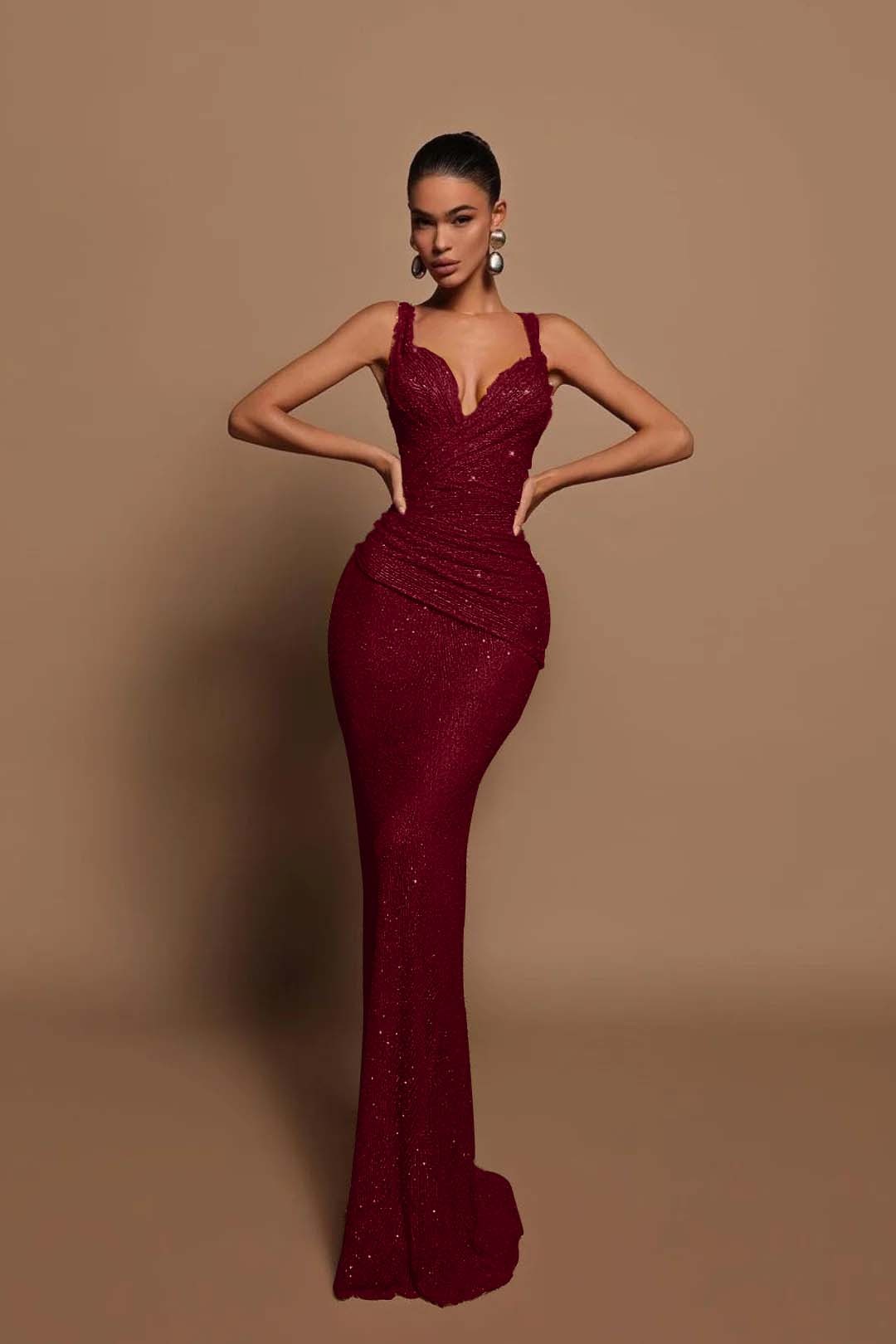 Sexy Pink Long Sequins Prom Dress V Neck Mermaid Sleeveless