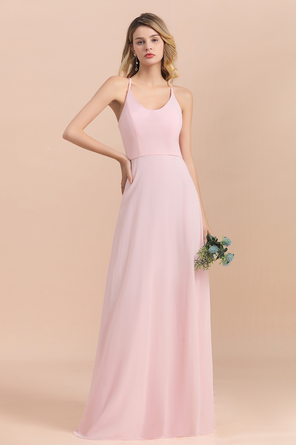 BMbridal Chic Spaghetti Straps Chiffon Pink Bridesmaid Dresses with Crisscross Back-BMbridal