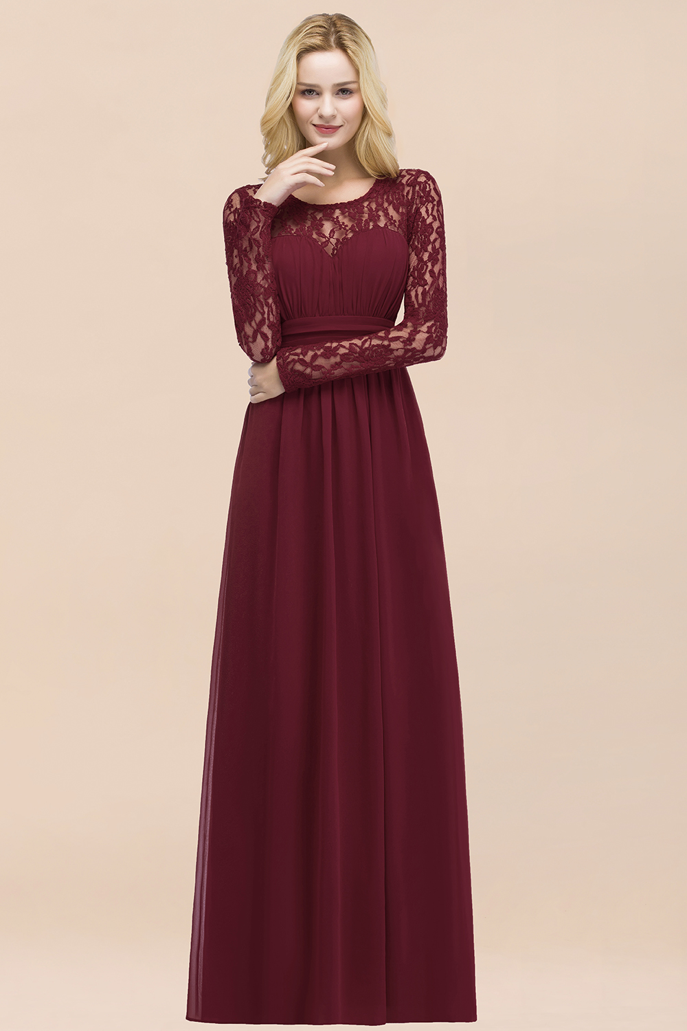 BMbridal Elegant Lace Burgundy Bridesmaid Dresses Online with Long Sleeves-BMbridal