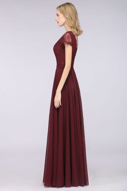 BMbridal Elegant Lace V-Neck Burgundy Bridesmaid Dress with Cap Sleeves-BMbridal