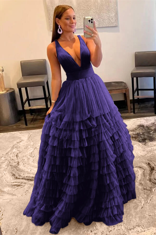 Elegant Deep V Neck Tulle layers Prom Dress With Sleeveless Online Lilac