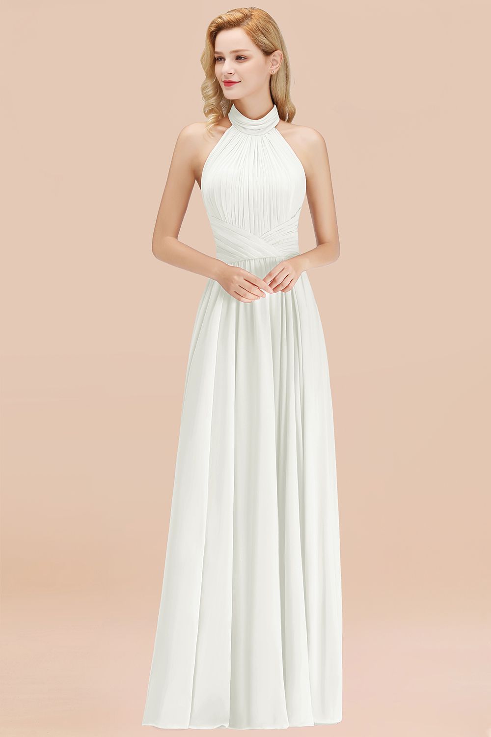 BMbridal Gorgeous High-Neck Halter Backless Bridesmaid Dress Dusty Rose Chiffon Maid of Honor Dress-BMbridal