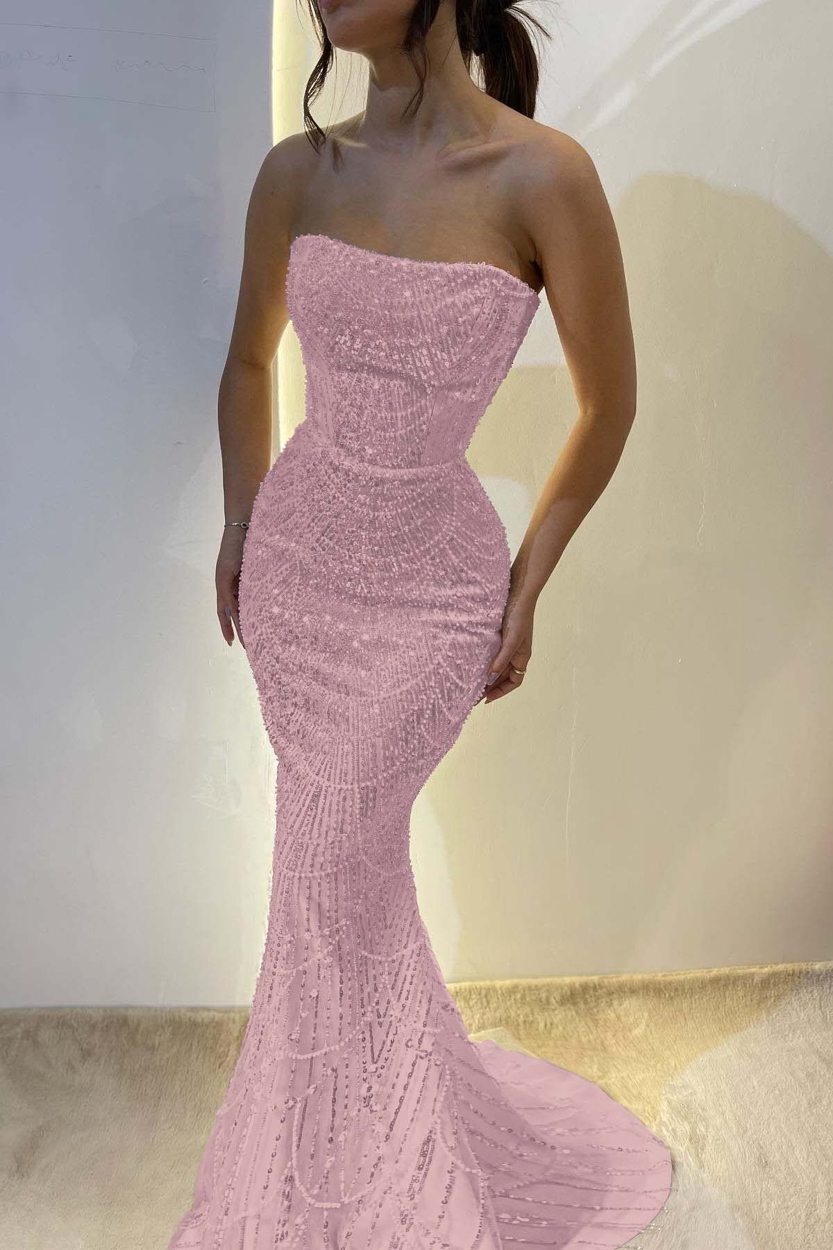 Chic Strapless Sleeveless Long Mermaid Prom Dress With Sequins