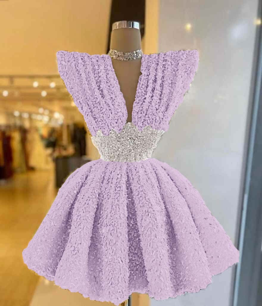 V Neck Sleeveless A Line Short Prom Dress With Pleated Sequins