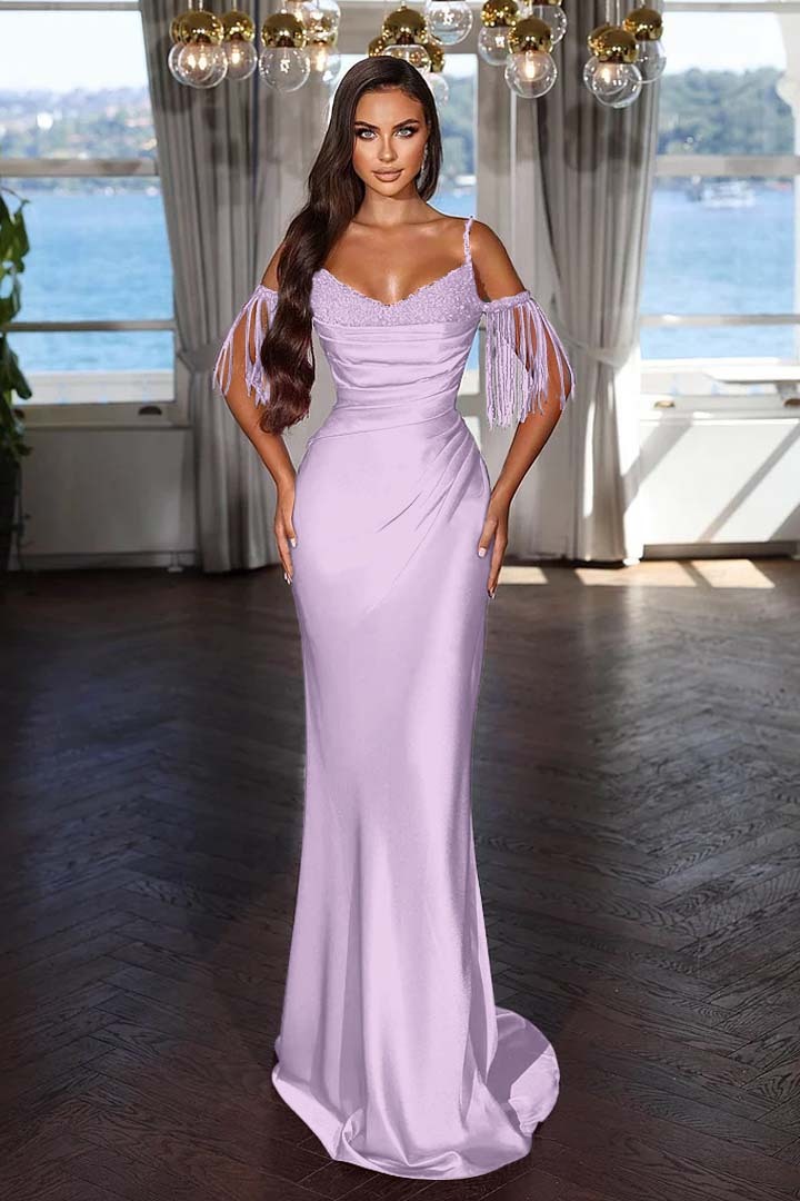 Off the Shoulder Sleeveless Mermaid Long Prom Dress With Tassel