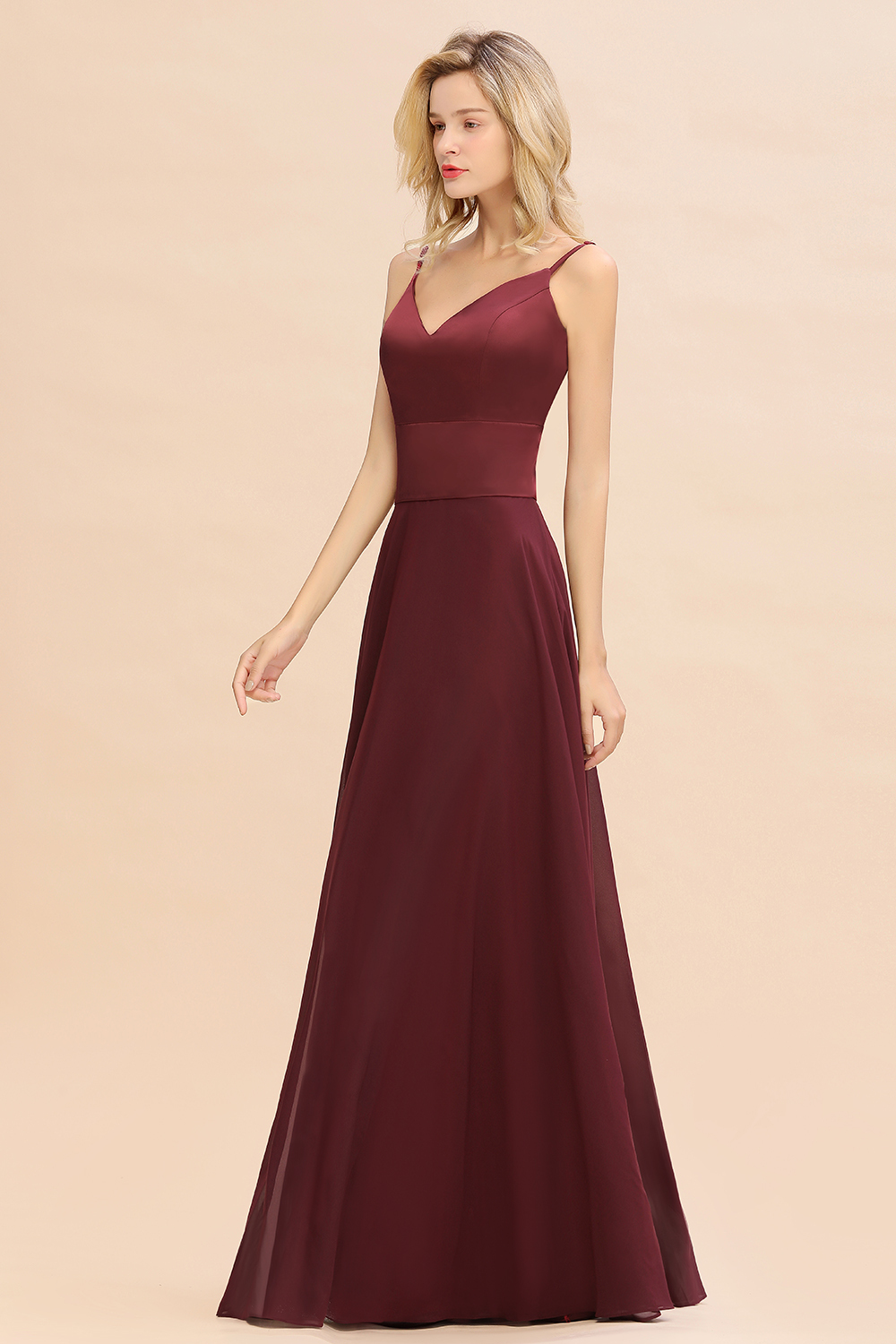 BMbridal Simple Satin Chiffon Spaghetti-Straps Burgundy Long Bridesmaid Dress-BMbridal