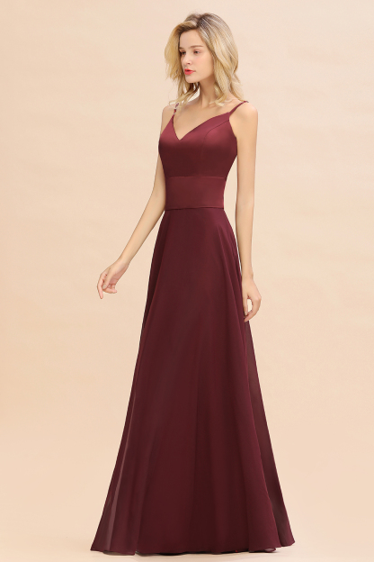 BMbridal Simple Satin Chiffon Spaghetti-Straps Burgundy Long Bridesmaid Dress-BMbridal