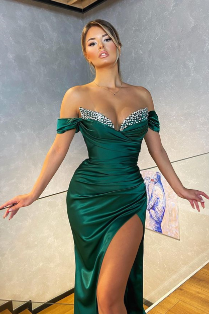 Off the Shoulder Dark Green Beadings Long Mermaid Prom Dress With Split