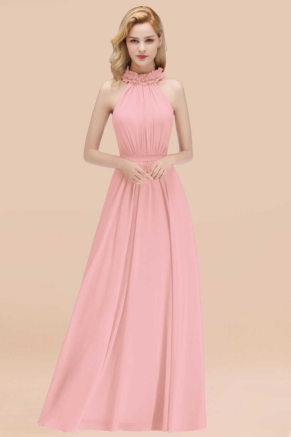 BMbridal Modest High-Neck Halter Ruffle Chiffon Bridesmaid Dresses Affordable-BMbridal