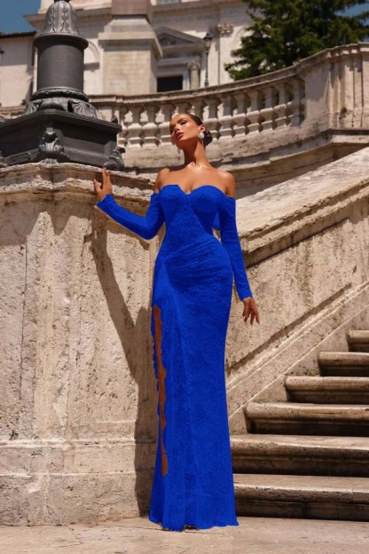 Off the Shoulder Long Sleeves Long Mermaid Prom Dress With Lace Appliques