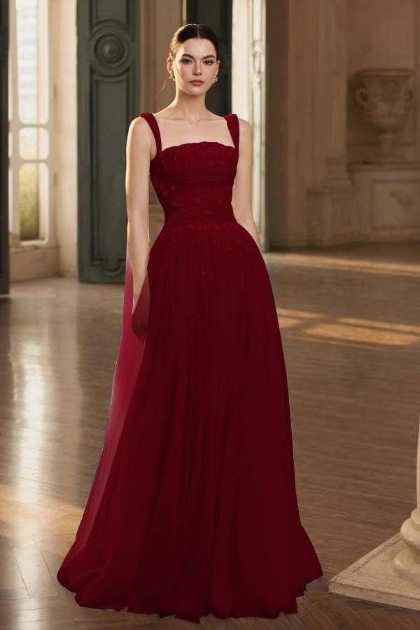 Stunning Tulle Straps Sleeveless Long Prom Dress With Beading