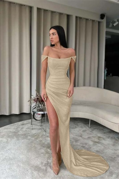 Off the Shoulder Sleeveless Mermaid Long Prom Dress With Split