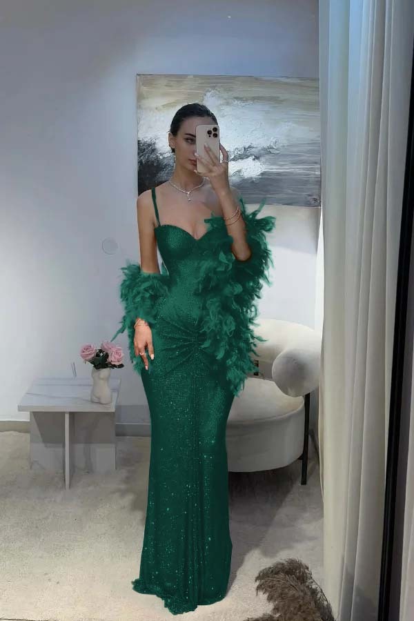 Spaghetti Strap Sleeveless Long Mermaid Prom Dress With Sequins