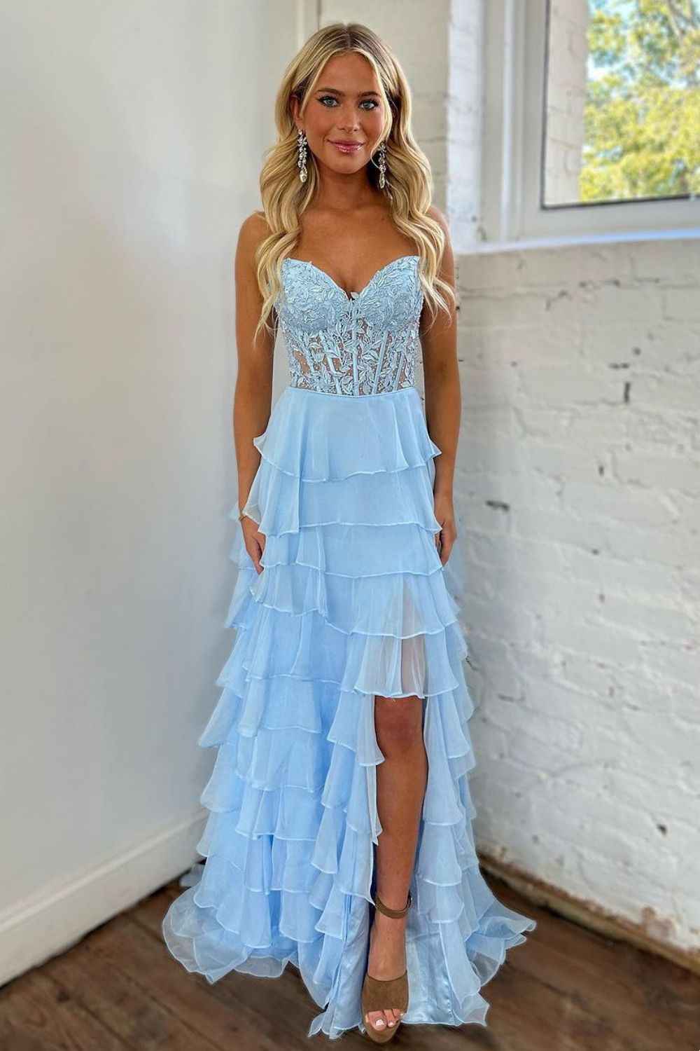 A Line Sweetheart Light Blue Long Tiered Chiffon Prom Dress with Appliques