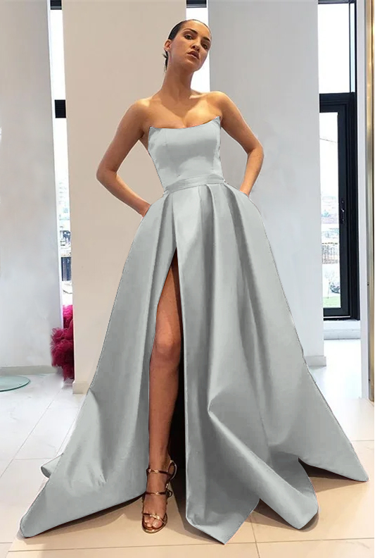 Chic Strapless Burgundy Sleeveless A Line Long Prom Dress With Front Split