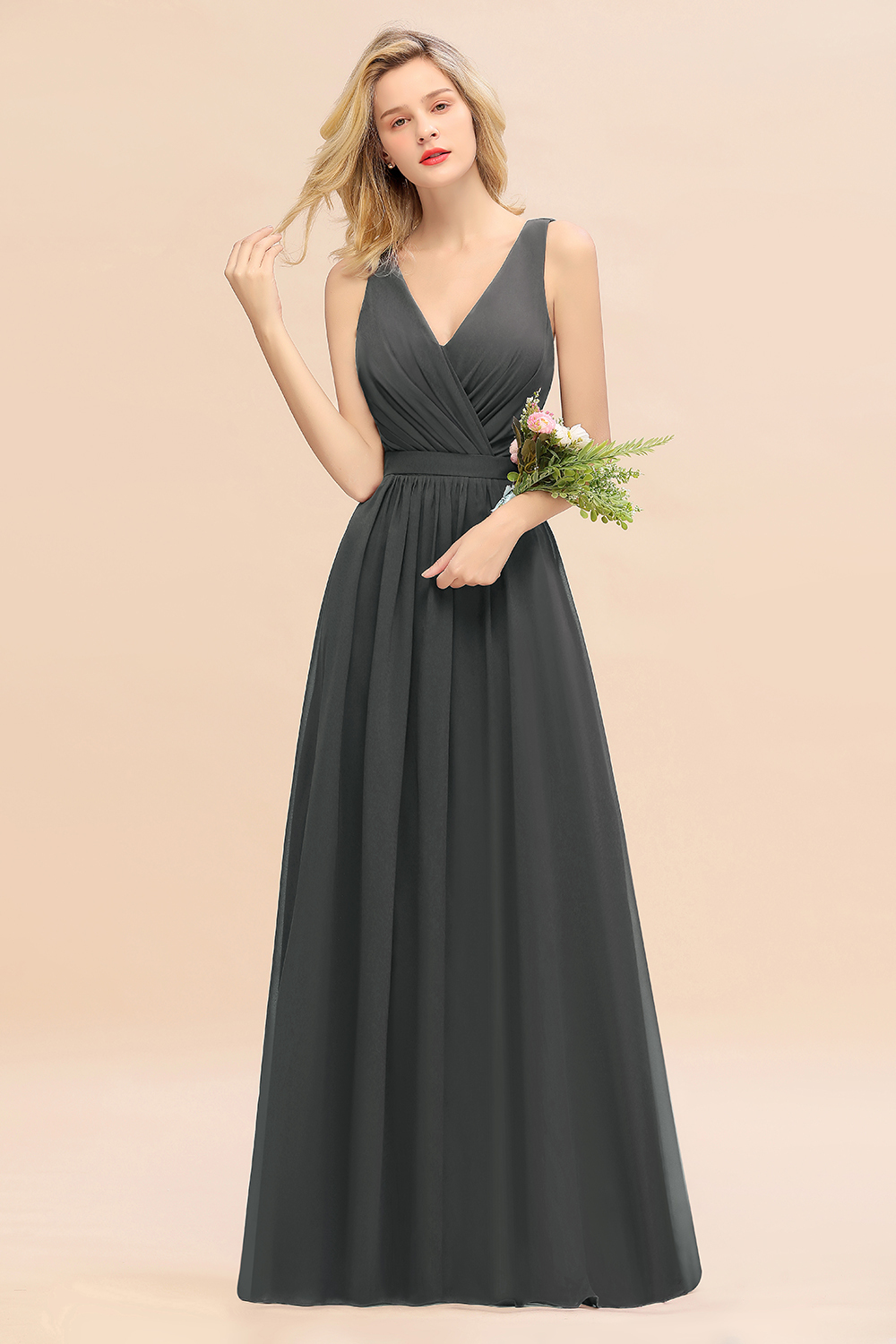 BMbridal Affordable V-Neck Ruffle Long Grape Chiffon Bridesmaid Dress with Bow-BMbridal