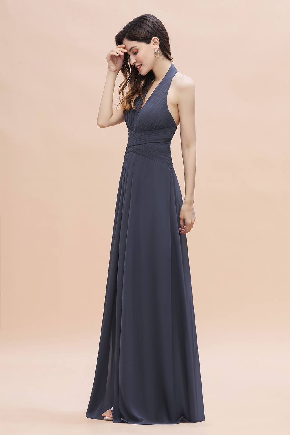 BMbridal Gorgeous Halter Chiffon Ruffles Bridesmaid Dress with Front Slit Online-BMbridal