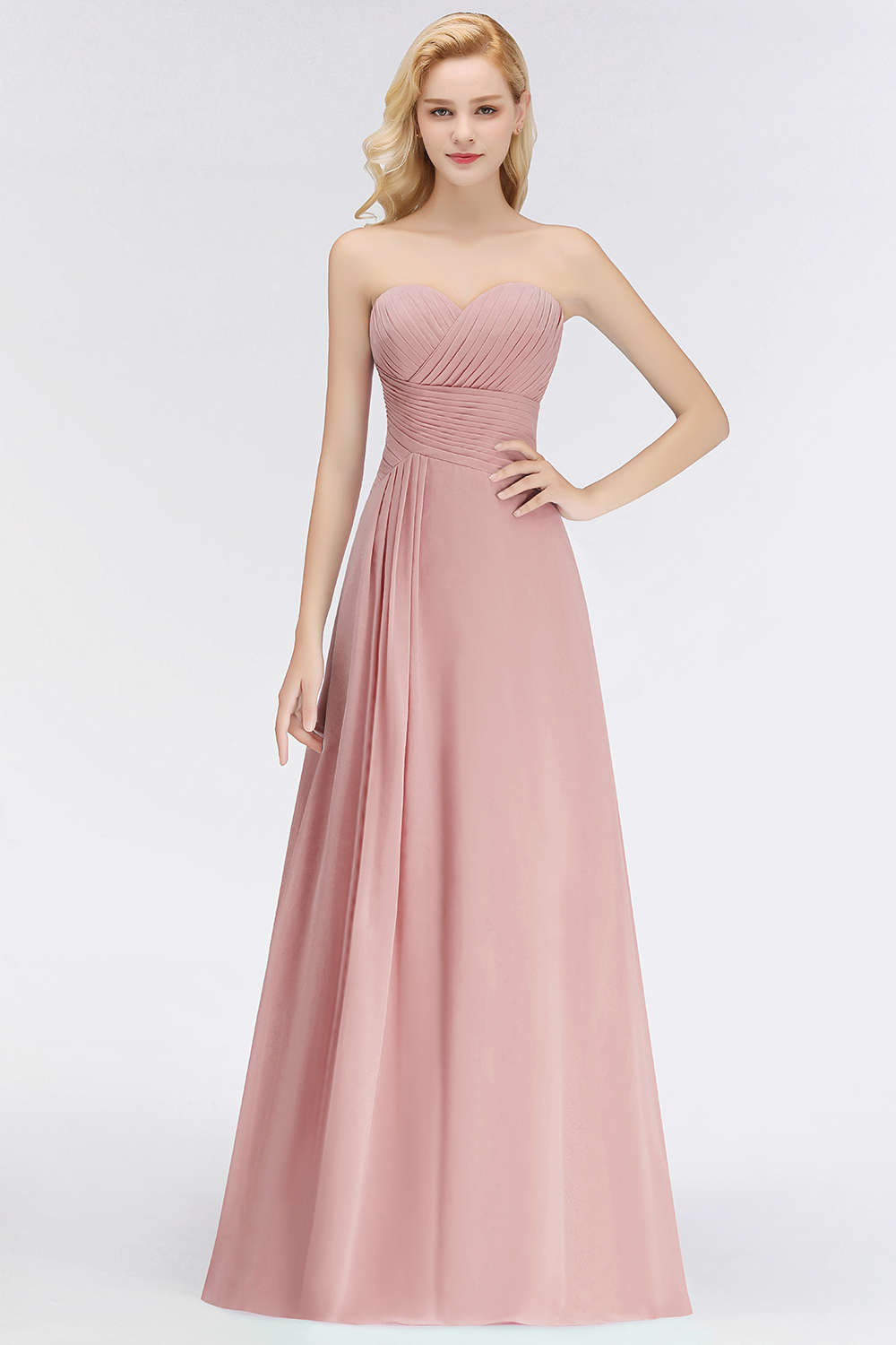 BMbridal Gorgeous Sweetheart Ruched Long Bridesmaid Dress Dusty Rose Chiffon Strapless Maid of Honor Dress-BMbridal