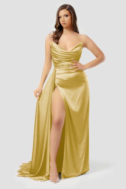 Yellow Long Prom Dress With Pleated High Slit Strapless Sleeveless