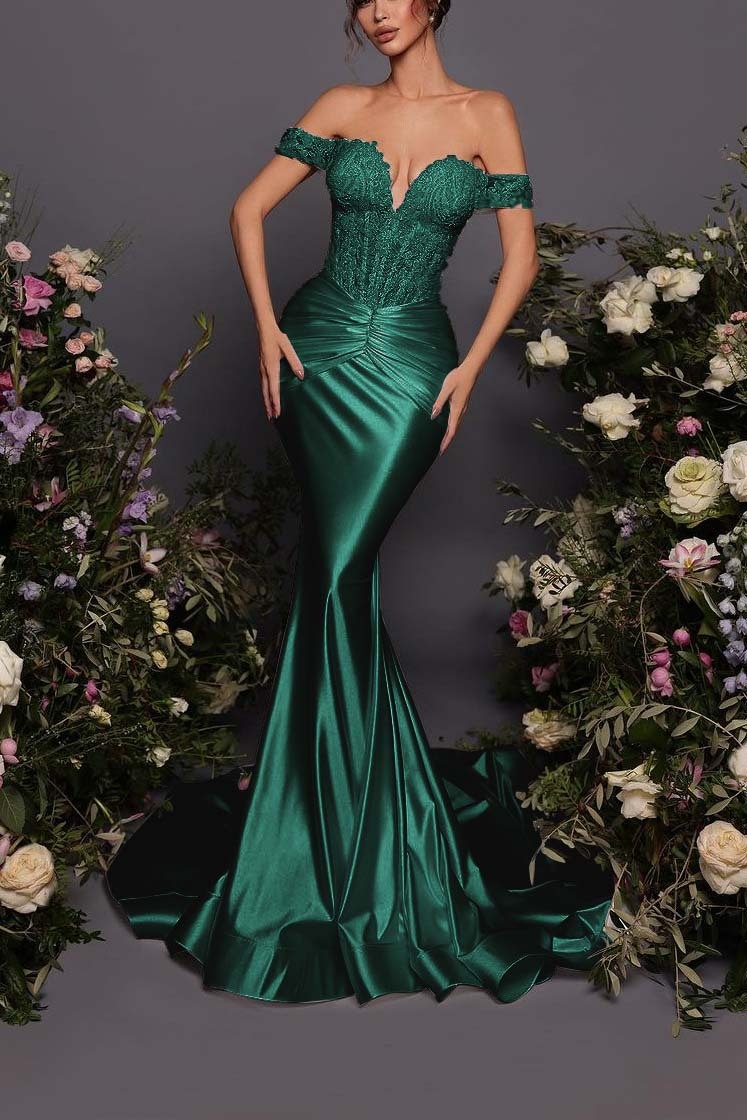 Off The Shoulder Sleeveless Long Mermaid Prom Dress With Pleated