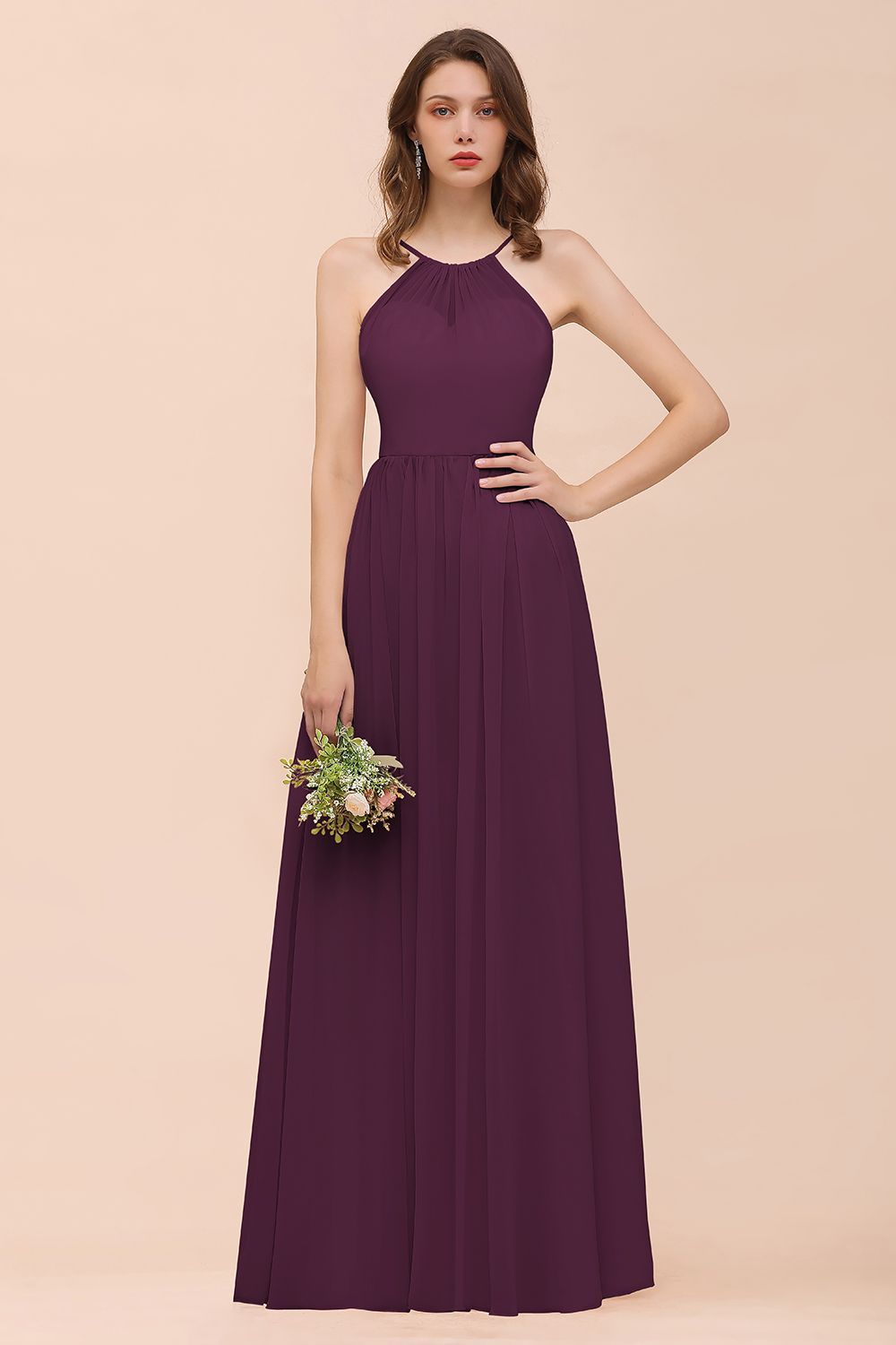 BMbridal Gorgeous Chiffon Halter Ruffle Affordable Long Bridesmaid Dress-BMbridal