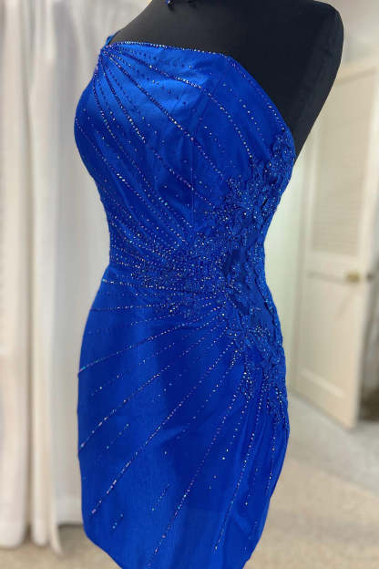 Sparkly Royal Blue Sequined One Shoulder Tight Short Homecoming Dress with Appliques