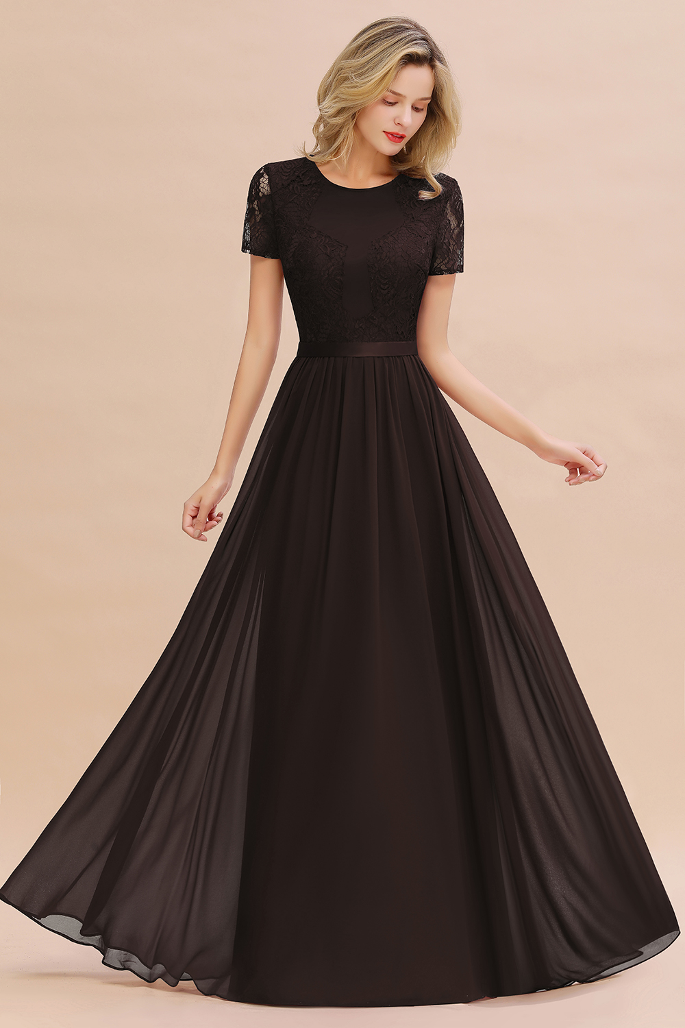 BMbridal Elegant Chiffon Lace Jewel Short-Sleeves Affordable Bridesmaid Dress-BMbridal