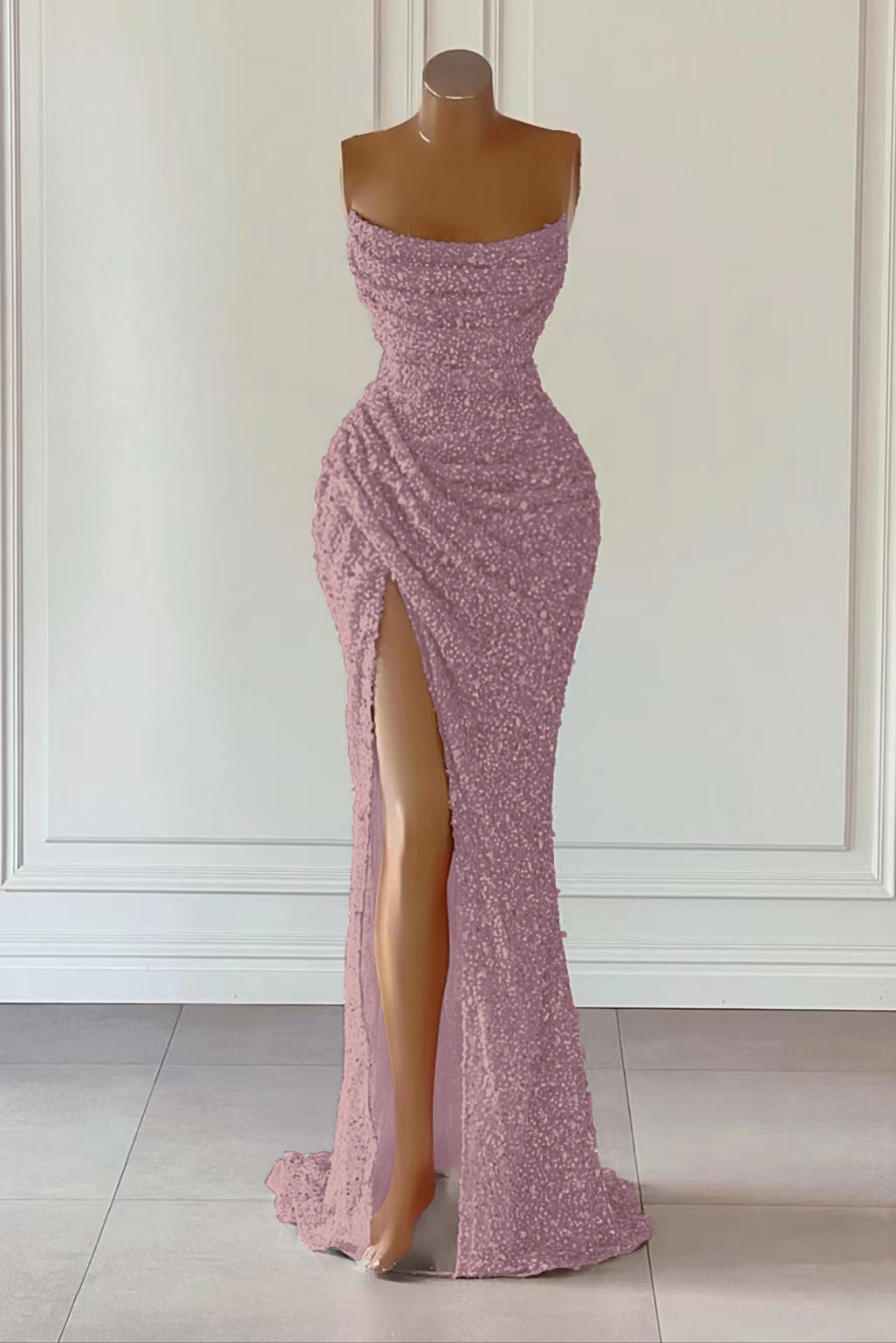 Dusty Pink Sleeveless Mermaid Prom Dress Long Split With Sequins