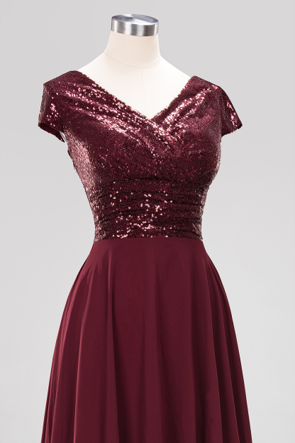 BMbridal Chic Sequined Top V-Neck Sleeveless Burgundy Bridesmaid Dresses Online-BMbridal